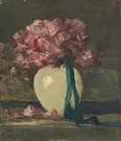 Anton Müller-Wischin, Rosa Blumen in weißer Vase, Oil on cardboard