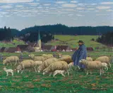 Josef Madlener, Hirte mit seinen Schafen am Dorfrand, Ca. 1920, Oil on canvas