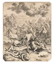 Willem van Mieris, Die Bestrafung der Niobe, 1691, Brush and ink drawing