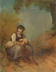Zugeschrieben - Studie einer jungen Frau mit Säugling by Jakob Becker, Oil on canvas, sold Nov 2014