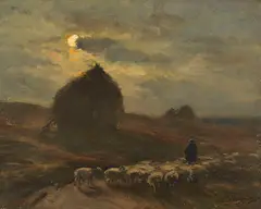 Ferdinand Chaigneau, Schafherde und Hirte bei Mondschein, Oil on panel