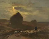 Ferdinand Chaigneau, Schafherde und Hirte bei Mondschein, Oil on panel