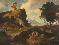 Friedrich Preller d. J., Der eifersüchtige Zyklop Polyphem erschlägt Akis, den Liebhaber der Nereide Galateia mit einem Felsbrocken, 1877, Oil on canvas
