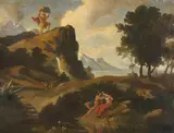 Friedrich Preller d. J., Der eifersüchtige Zyklop Polyphem erschlägt Akis, den Liebhaber der Nereide Galateia mit einem Felsbrocken, 1877, Oil on canvas
