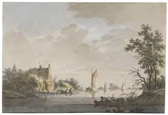Nicolas Wicart, Holländische Flusslandschaft ('t Dorp Finkorten (?) aan de Lek), Um 1800, Watercolor