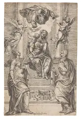 Giacomo Valegio, Thronende Madonna mit Kind und zwei Heiligen, darüber Gottvater, Heiliger Geist und zwei Engel, Etching