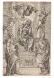 Giacomo Valegio, Thronende Madonna mit Kind und zwei Heiligen, darüber Gottvater, Heiliger Geist und zwei Engel, Etching