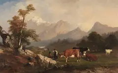 Jules Coignet, Alpenländische Szene mit Viehhirten, Um 1850, Oil on canvas