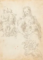 Hans Rottenhammer, Studienblatt Madonna mit Jesuskind und Engeln, Um 1595, Pen and ink drawing