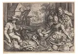 Jacob Matham, Marktszene, im Hintergrund biblische Darstellung der Flucht nach Ägypten, 1603, Engraving