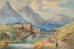 Anton Doll, Dorf am Gebirgsbach, Watercolor