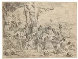 Laban durchsucht das Gepäck des Jakob, um seine Götzen zu finden by Giovanni Benedetto Castiglione, Ca. 1634/1640, Etching, sold Nov 2014