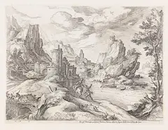 Paul Bril, Flusslandschaft mit Reisenden in der Campagna, 1590, Etching
