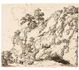 Gottlob Friedrich Steinkopf, Kleine felsige Landschaft mit Ziegenhirten, Pen and ink drawing