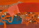 Heimrad Prem, Ohne Titel (Komposition mit Figuren), 1966, Oil on canvas