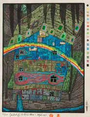 Fluß unter Dach by Friedensreich Hundertwasser, 1987, Woodcut in colors, sold Jun 2014