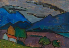 Gabriele Münter, Berglandschaft mit Haus, 1910, Oil on cardboard