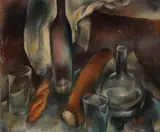 Hanns Bolz, Stillleben mit Flaschen und Baguettes, Um 1909, Oil on canvas