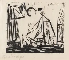 Segelboote (mit Mond) by Lyonel Feininger, 1919, Woodcut, sold Jun 2014
