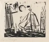 Segelboote (mit Mond) by Lyonel Feininger, 1919, Woodcut, sold Jun 2014