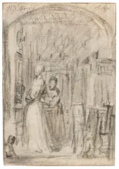 Frans van Mieris d. Ä., Zugeschrieben - Interieur mit zwei Damen, Ca. 1670, Chalk drawing
