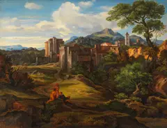 Ferdinand Olivier, Campagnalandschaft mit befestigter Stadt, Um 1830, Oil on cardboard