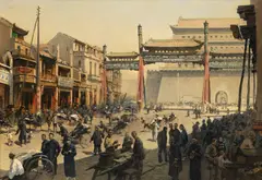 Erich Kips, Belebte Pekinger Straßenszene vor dem Quianmen Tor, Ca. 1900-1920, Oil on canvas