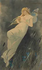 Elfe mit Irisblüten by Alphonse Mucha, Ca. 1885-1890, Watercolor, sold May 2014