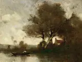 Paul Désiré Trouillebert, Flusslandschaft mit Haus und Mann im Kahn