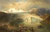 August Wilhelm Leu, Fjordlandschaft mit Gletscher und Rentieren, 1896, Oil on canvas