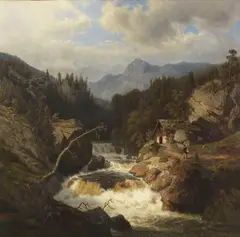 Leonhard Rausch, Gebirgslandschaft mit Jägersmann am tosenden Fluss, Oil on canvas