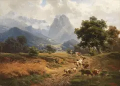 Hirtenjunge mit Vieh bei Partenkirchen mit Blick auf das Wettersteingebirge by Heinrich Höfer, 1862, Oil on canvas, sold May 2014