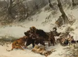 Carl Friedrich Deiker, Wildschweinjagd, 1874, Oil on canvas