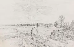 Paul Baum, 2 Bll.: Landschaft mit Wasserträgerin. Kleine Dorflandschaft (Ansicht von Neustadt bei Marburg), 1884/1917, Pencil drawing