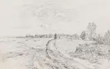 Paul Baum, 2 Bll.: Landschaft mit Wasserträgerin. Kleine Dorflandschaft (Ansicht von Neustadt bei Marburg), 1884/1917, Pencil drawing