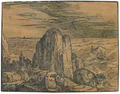 Hendrick Goltzius, Kirche an einer felsigen Küste, Ca. 1597-1600, Woodcut in colors