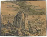 Hendrick Goltzius, Kirche an einer felsigen Küste, Ca. 1597-1600, Woodcut in colors