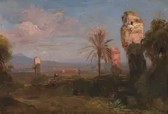 Friedrich August Elsasser, Südliche Landschaft mit Ruinen und Palmen, Ca. 1830, Oil on paper