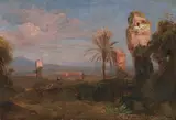 Friedrich August Elsasser, Südliche Landschaft mit Ruinen und Palmen, Ca. 1830, Oil on paper