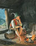 Carl Friedrich Moritz Müller gen. Feuermüller, Ein Sennerbube in einer Felsenhöhle an einem aufflackernden Feuer sich wärmend, Um 1850, Watercolor