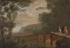 Willem de Heusch, Zugeschrieben - Kleine Flusslandschaft mit Reitern und Schafhirte auf einer Brücke, Oil on copper