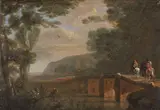 Willem de Heusch, Zugeschrieben - Kleine Flusslandschaft mit Reitern und Schafhirte auf einer Brücke, Oil on copper