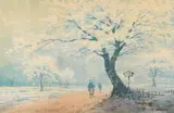 Hiroshi Yoshida, Landschaft während der Kirschblüte mit Spaziergängern