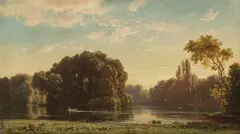 Ludwig Meixner, Der Englische Garten in München: Blick über den Kleinhesseloher See auf das Denkmal des Gartenarchitekten Friedrich Ludwig von Sckell, 1856, Oil on panel