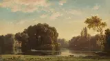 Ludwig Meixner, Der Englische Garten in München: Blick über den Kleinhesseloher See auf das Denkmal des Gartenarchitekten Friedrich Ludwig von Sckell, 1856, Oil on panel