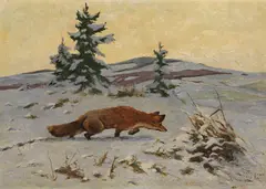 Karl Deiker, Fuchs auf Vogeljagd im Schnee, 1922, Oil on canvas