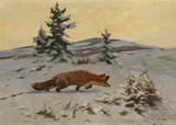 Karl Deiker, Fuchs auf Vogeljagd im Schnee, 1922, Oil on canvas