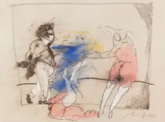 Alfred Hrdlicka, Dreimäderlhaus II, 1982, Colored chalk