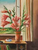 Margarete Jürgens, Stillleben mit Gladiolen vor Landschaftsausblick, 1930, Oil on fibreboard