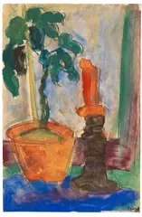 Friedrich Einhoff, Stillleben mit Topfpflanze und roter Kerze, 1925, Gouache
